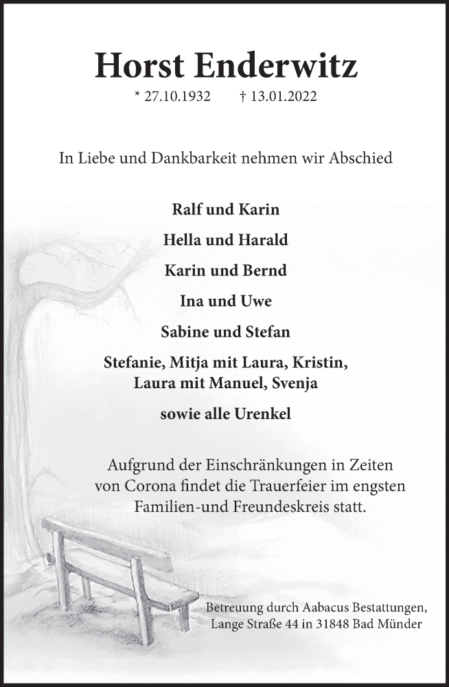  Traueranzeige für Horst Enderwitz vom 22.01.2022 aus Neue Deister-Zeitung