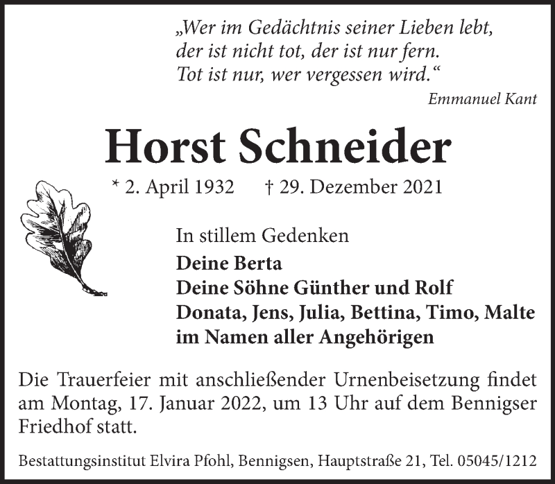  Traueranzeige für Horst Schneider vom 08.01.2022 aus Neue Deister-Zeitung