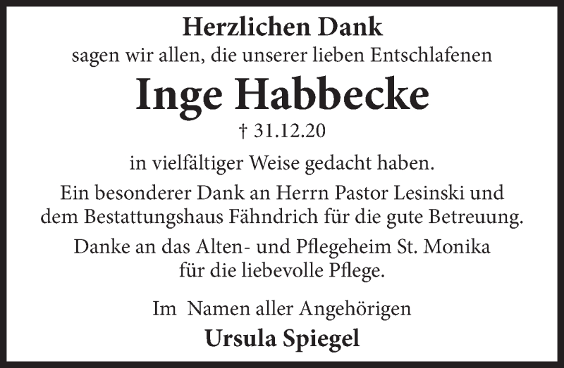  Traueranzeige für Inge Habbecke vom 30.01.2021 aus Deister- und Weserzeitung