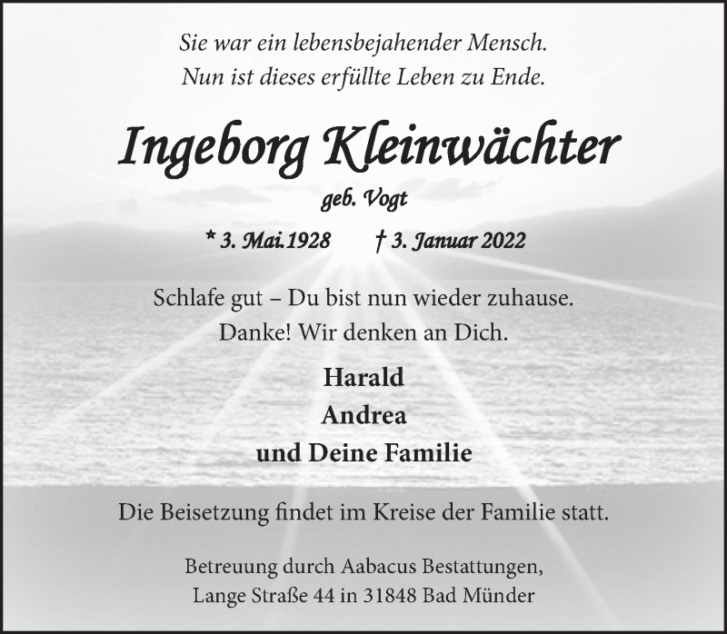  Traueranzeige für Ingeborg Kleinwächter vom 08.01.2022 aus Neue Deister-Zeitung
