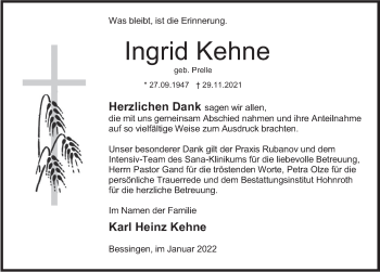 Traueranzeige von Ingrid Kehne von Deister- und Weserzeitung