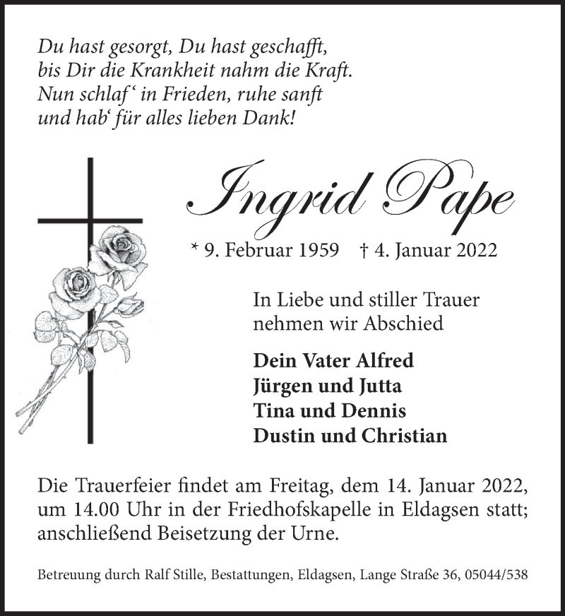  Traueranzeige für Ingrid Pape vom 08.01.2022 aus Neue Deister-Zeitung