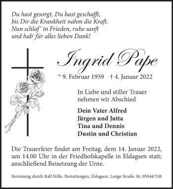 Traueranzeige von Ingrid Pape von Neue Deister-Zeitung