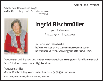 Traueranzeige von Ingrid Rischmüller von Deister- und Weserzeitung