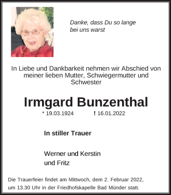 Traueranzeige von Irmgard Bunzenthal von Neue Deister-Zeitung