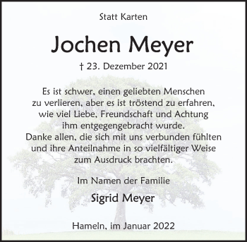Traueranzeige von Jochen Meyer von Deister- und Weserzeitung