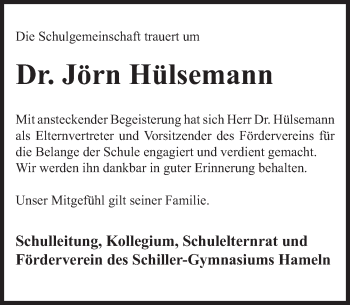 Traueranzeige von Jörn Hülsemann von Deister- und Weserzeitung