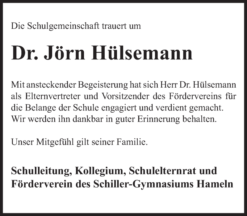  Traueranzeige für Jörn Hülsemann vom 08.01.2022 aus Deister- und Weserzeitung