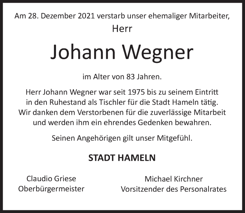  Traueranzeige für Johann  Wegner vom 15.01.2022 aus Deister- und Weserzeitung