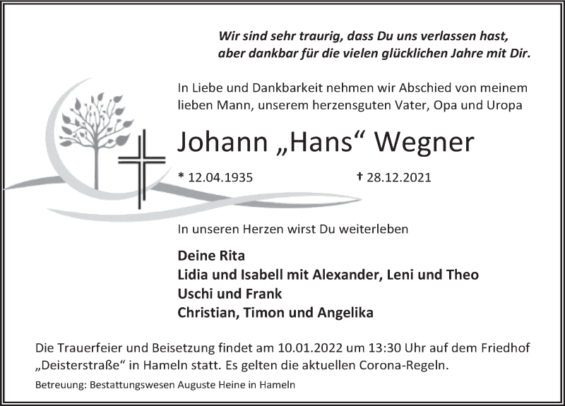  Traueranzeige für Johann  Wegner vom 08.01.2022 aus Deister- und Weserzeitung