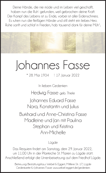 Traueranzeige von Johannes Fasse von Deister- und Weserzeitung