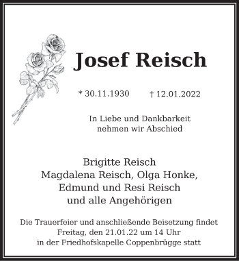 Traueranzeige von Josef Reisch von Deister- und Weserzeitung