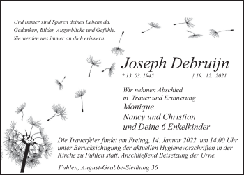 Traueranzeige von Joseph Debruijn von Deister- und Weserzeitung