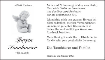 Traueranzeige von Jürgen Tannhäuser von Deister- und Weserzeitung