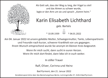 Traueranzeige von Karin Elisabeth Lichthard von Deister- und Weserzeitung