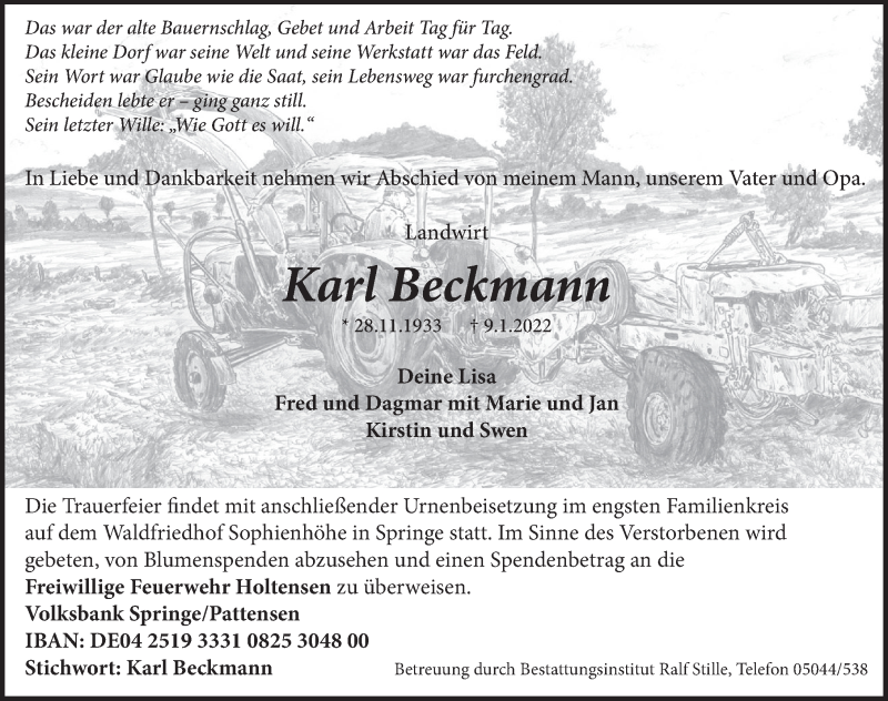  Traueranzeige für Karl Beckmann vom 14.01.2022 aus Neue Deister-Zeitung