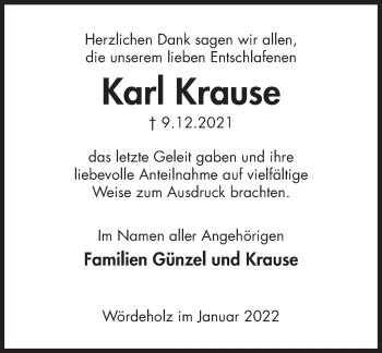 Traueranzeige von Karl Krause von Deister- und Weserzeitung