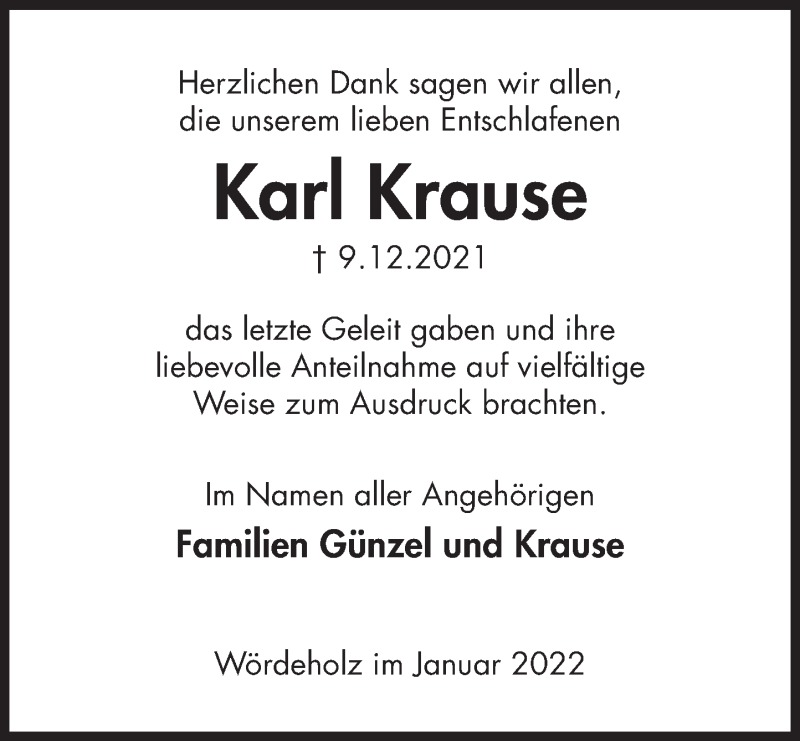  Traueranzeige für Karl Krause vom 08.01.2022 aus Deister- und Weserzeitung