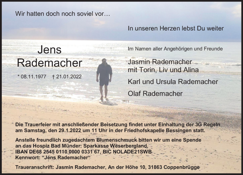  Traueranzeige für Jens Rademacher vom 26.01.2022 aus Deister- und Weserzeitung