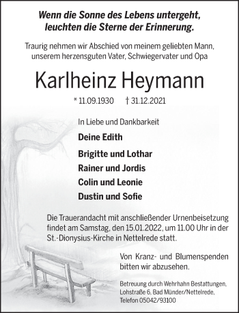 Traueranzeige von Karlheinz Heymann von Neue Deister-Zeitung