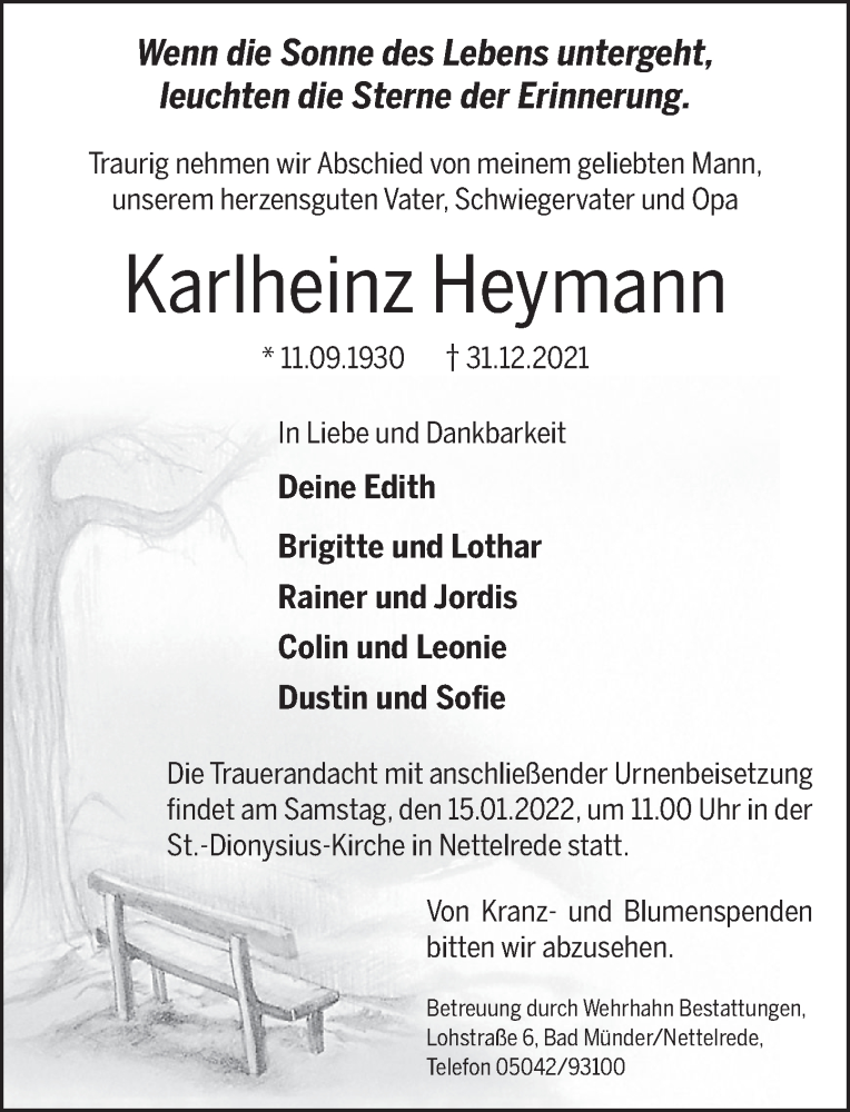  Traueranzeige für Karlheinz Heymann vom 08.01.2022 aus Neue Deister-Zeitung