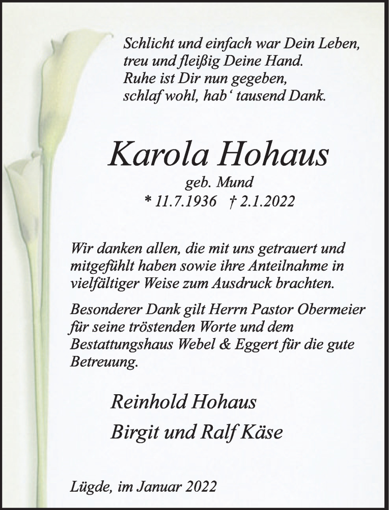  Traueranzeige für Karola Hohaus vom 22.01.2022 aus Deister- und Weserzeitung