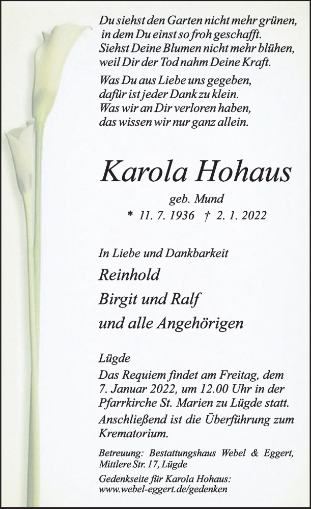  Traueranzeige für Karola Hohaus vom 05.01.2022 aus Deister- und Weserzeitung
