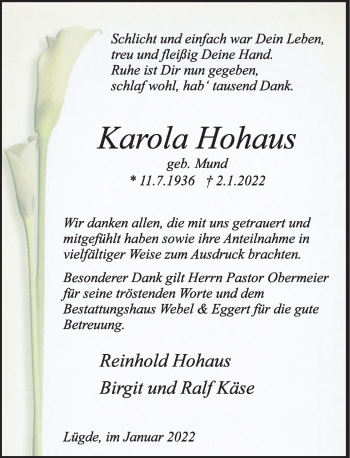 Traueranzeige von Karola Hohaus von Deister- und Weserzeitung