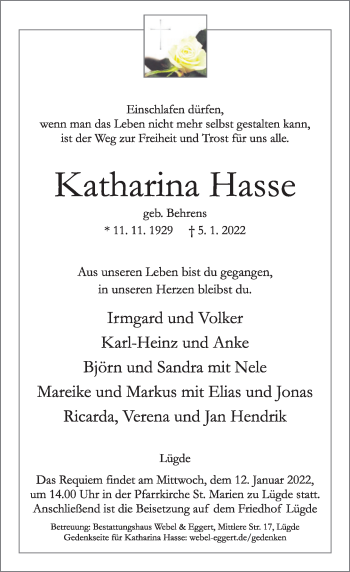 Traueranzeige von Katharina Hasse von Deister- und Weserzeitung