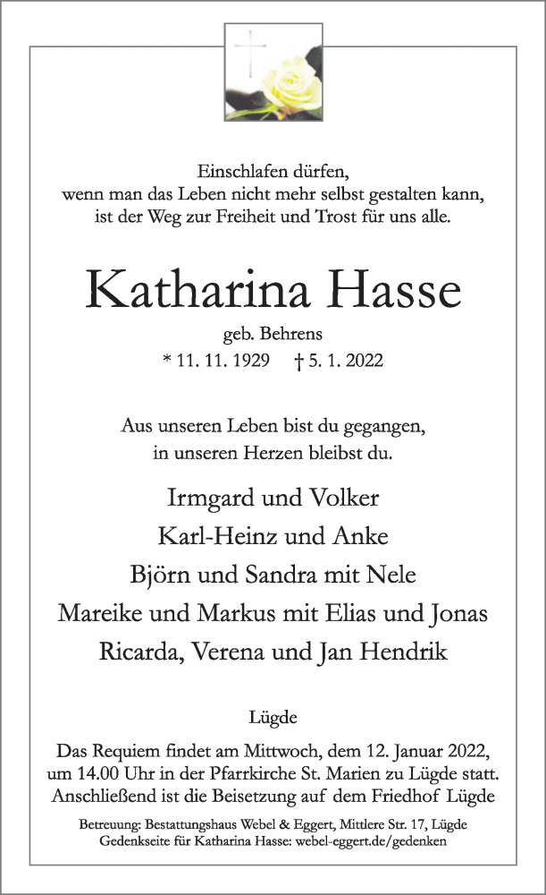  Traueranzeige für Katharina Hasse vom 08.01.2022 aus Deister- und Weserzeitung