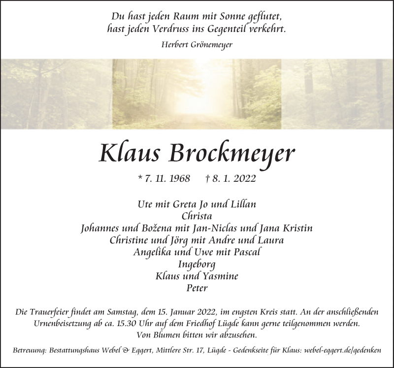  Traueranzeige für Klaus Brockmeyer vom 13.01.2022 aus Deister- und Weserzeitung