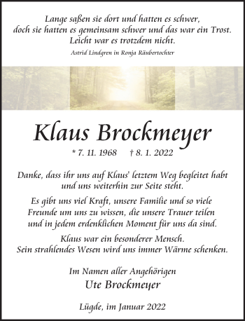 Traueranzeige von Klaus Brockmeyer von Deister- und Weserzeitung