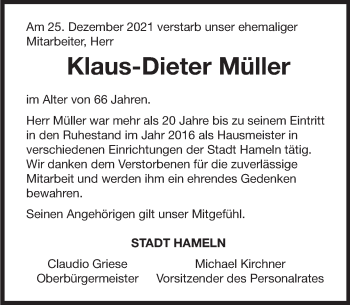Traueranzeige von Klaus-Dieter Müller von Deister- und Weserzeitung