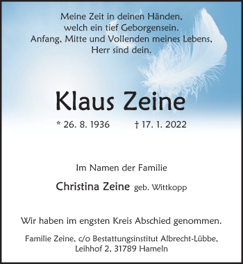 Traueranzeige von Klaus Zeine von Deister- und Weserzeitung