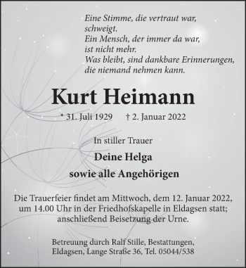 Traueranzeige von Kurt Heimann von Neue Deister-Zeitung