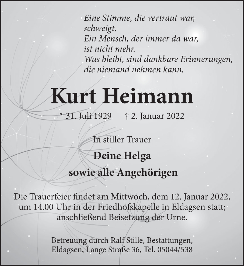  Traueranzeige für Kurt Heimann vom 08.01.2022 aus Neue Deister-Zeitung