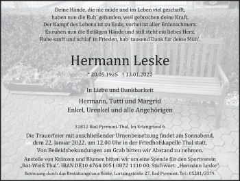 Traueranzeige von Leske Hermann von Deister- und Weserzeitung