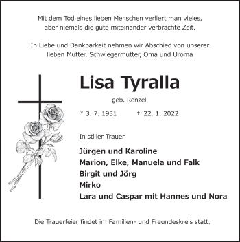 Traueranzeige von Lisa Tyralla von Deister- und Weserzeitung