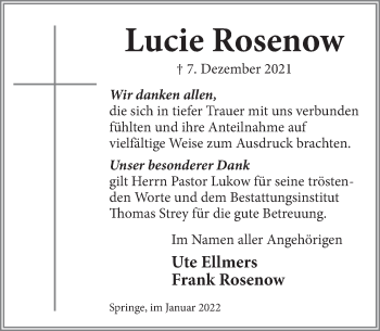 Traueranzeige von Lucie Rosenow von Neue Deister-Zeitung