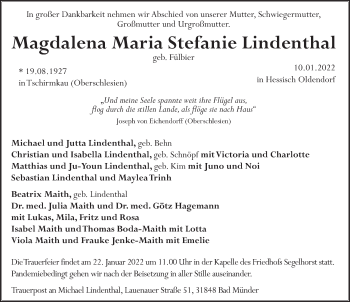 Traueranzeige von Magdalena Maria Stefanie Lindenthal von Deister- und Weserzeitung