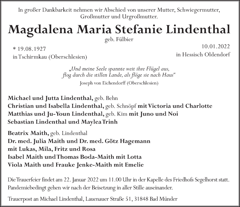  Traueranzeige für Magdalena Maria Stefanie Lindenthal vom 15.01.2022 aus Deister- und Weserzeitung