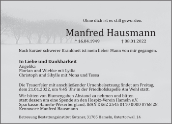 Traueranzeige von Manfred Hausmann von Deister- und Weserzeitung