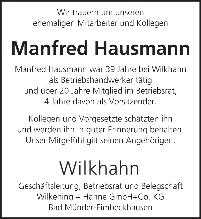  Traueranzeige für Manfred Hausmann vom 20.01.2022 aus Neue Deister-Zeitung