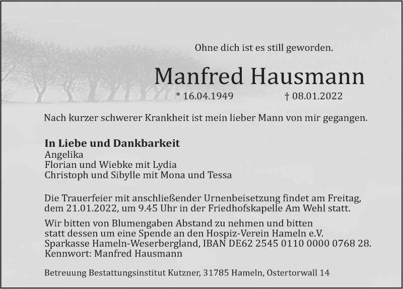  Traueranzeige für Manfred Hausmann vom 15.01.2022 aus Deister- und Weserzeitung