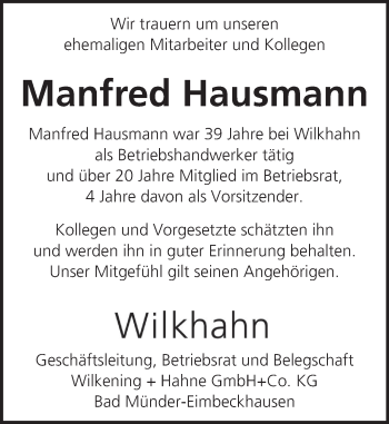 Traueranzeige von Manfred Hausmann von Neue Deister-Zeitung