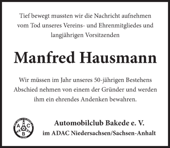 Traueranzeige von Manfred Hausmann von Neue Deister-Zeitung