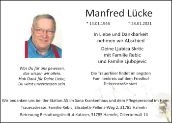 Traueranzeige von Manfred Lücke von Deister- und Weserzeitung