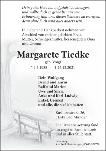 Traueranzeige von Margarete Tiedke von Neue Deister-Zeitung