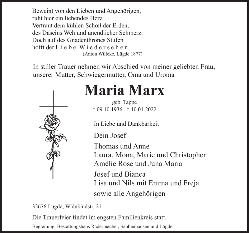 Traueranzeige für Maria Marx vom 15.01.2022 aus Deister- und Weserzeitung