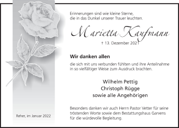 Traueranzeige von Marietta Kaufmann von Deister- und Weserzeitung